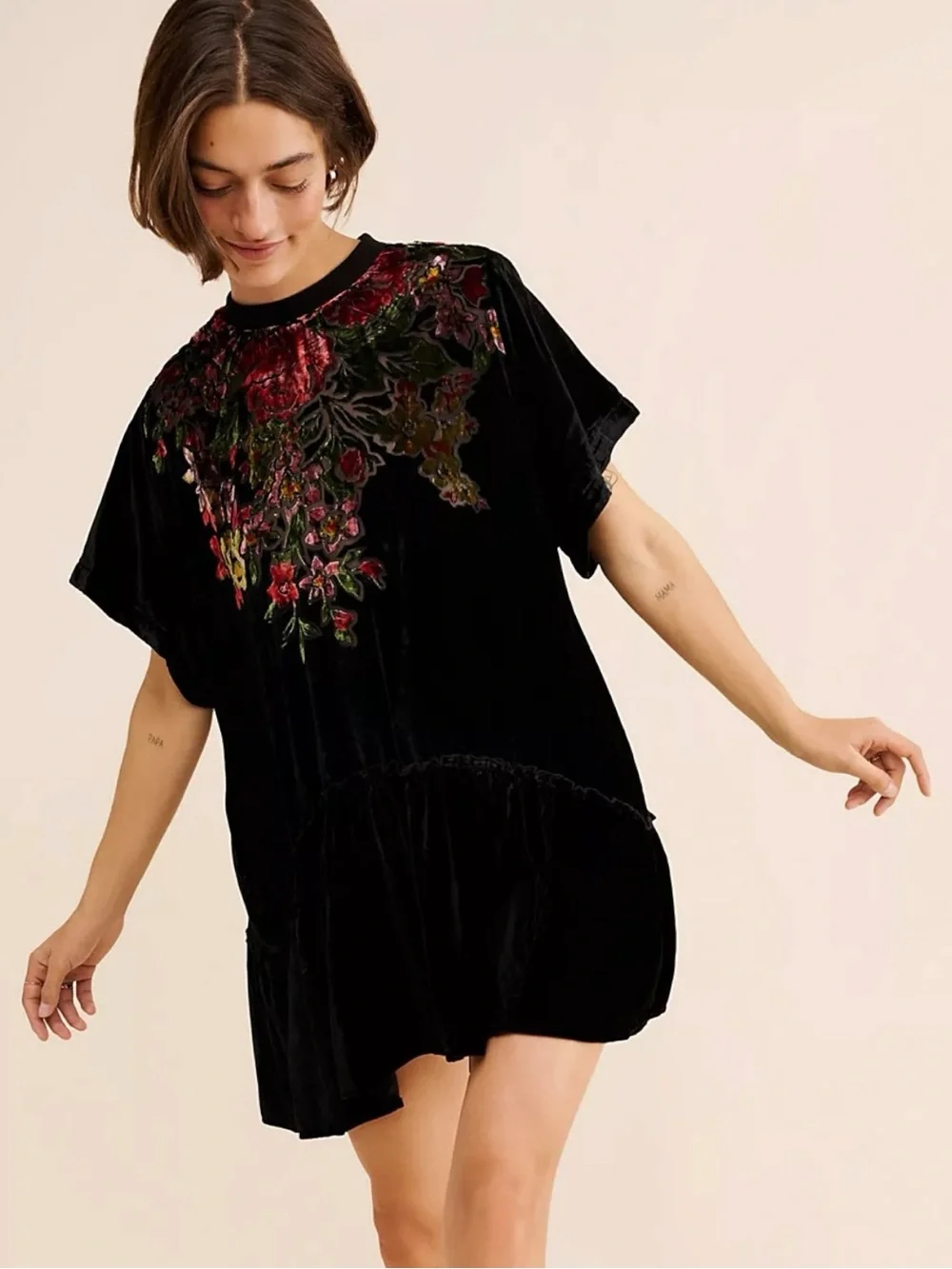 Free People Bohemian Sweet Echoes Black Floral Velvet Devore Tunic Dress Small